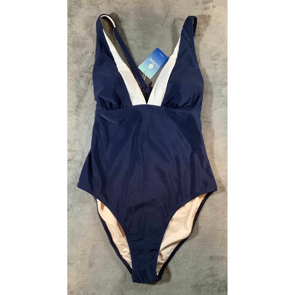 Cupshe Women Navy Blue White V-Neck One Piece Swimsuit Size L CAA12E6B105UC